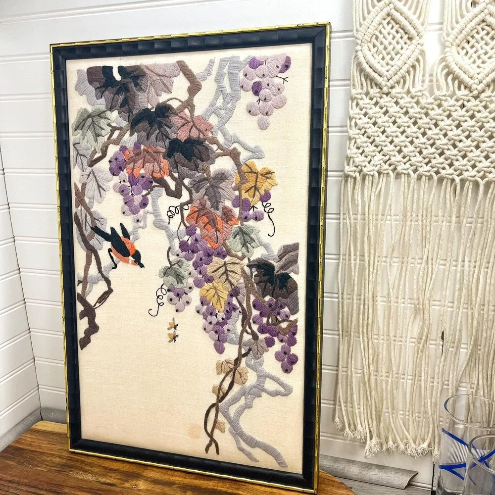 Vintage Framed Floral Needlepoint: Bird & Grape Embroidery Wall Art - Picture 4 of 9